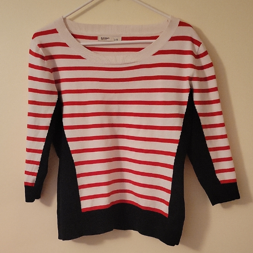 Old Navy Red, White and Black Striped Women's Sweater- Large